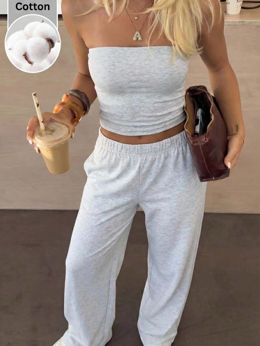 SHEIN EZwear 女士纯色抹胸上衣搭配阔腿裤休闲套装 - 灰色 - 查看 1
