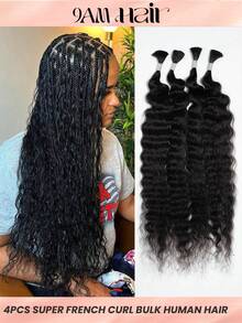 Boho Braids 波西米亚风辫子 4 件装 超法式卷曲散装真人发接发 超波浪散装编发 适用于波西米亚无结女神辫 自然黑深波浪散装编发 95克/包 100% 巴西原生雷米发 - Natural Black - 查看 2