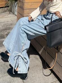 FRIFUL Jeans anchos de pierna ancha con dobladillo dividido y anudado, de uso casual y para ir al trabajo - Azul - Ver 3