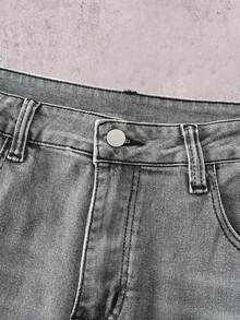 Embroidered Flared Jeans, Men's Denim Jeans With Embroidered Letters, Slim Fit Flare Leg Jeans, Distressed Flare Leg Jeans With Patches, Y2K Stacked Washed Jeans, Contrast Washed Patched Jeans, Suitable For All Seasons - Grey - View 4