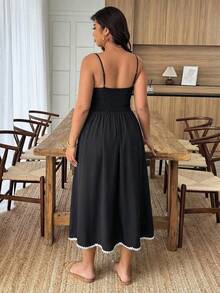 Weeklong Plus Size Women's Summer Sleeveless Off-Shoulder Ruffled Trim Waist Flared Casual Dress For Commute & Holiday - Black - View 2