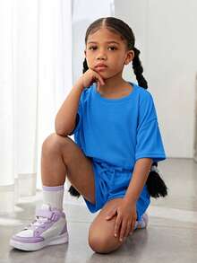SHEIN 2pcs/Set Young Girl Knitted Solid Color Round Neck Loose Casual T-Shirt And Shorts - Royal Blue - View 4