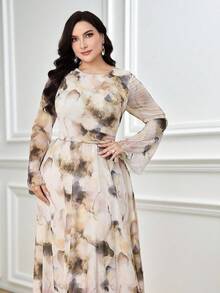 Modelyn Plus Size Women Tie-Dye Print Crew Neck Long Sleeve Elegant Maxi Dress - Apricot - View 7