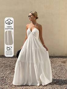 DAZY Vestido ajustado de cintura sólida con línea A, vestido casual de playa de verano con cuello halter y espalda descubierta para mujeres, vestidos bohemios de sol para vacaciones de mujeres - Blanco - Ver 1