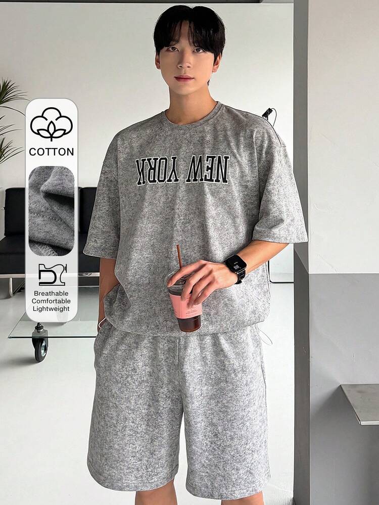 Men's Letter Print Washed Grey Floral T-Shirt And Shorts Set, Summer
