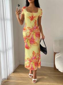 Modelyn Summer Square Neck Mermaid Ruffle Hem Bodycon Dress - Multicolor - View 5