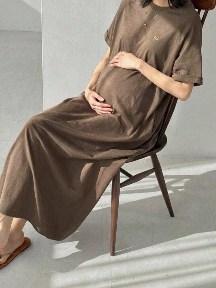 Loose Fit Round Neck Casual Embroidered Pattern Cotton Short Sleeve Dress For Pregnant Women, Spring/Summer