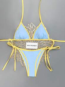 Swim Vcay Bộ bikini dây mảnh cổ yếm màu xanh trắng phối hợp gợi cảm dành cho nữ, thích hợp cho kỳ nghỉ hè 2026. - Nhiều màu - Xem 2