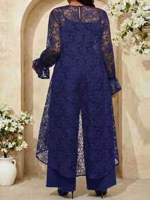 Fleurora Women's Plus Size Navy Lace Long Sleeve Asymmetrical Tunic Top And Wide Leg Pant Set - Navy Blue - View 2