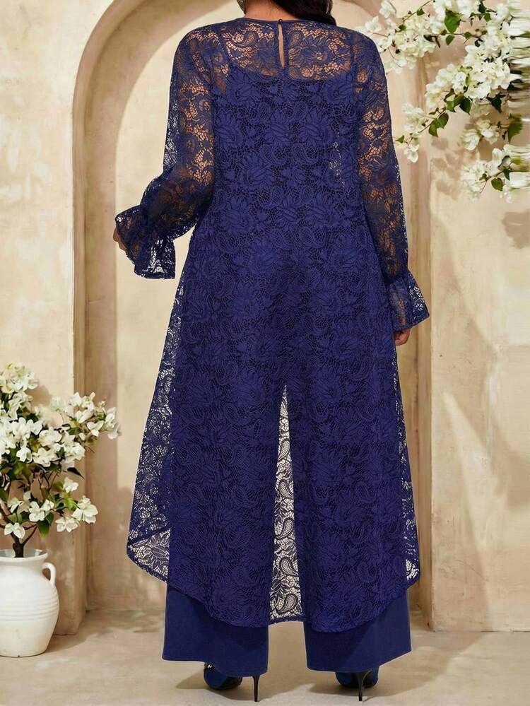 Fleurora Women's Plus Size Navy Lace Long Sleeve Asymmetrical Tunic Top And Wide Leg Pant Set - Navy Blue - View 2