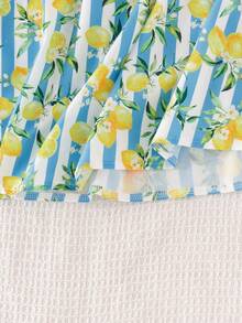 SHEIN 女童柠檬叶条纹印花吊带连衣裙，配蝴蝶结，充满活力的夏季风格，散发青春魅力，时尚休闲，适合春夏度假外出穿着。 - 彩色 - 查看 5