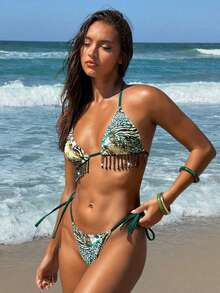 Conjunto de bikini con estampado de teñido anudado para mujer, traje de baño de mujer con decoración de concha iridiscente sexy para fiestas y festivales de música, atuendo de playa de vacaciones para mujer - Verde 2 - Ver 4
