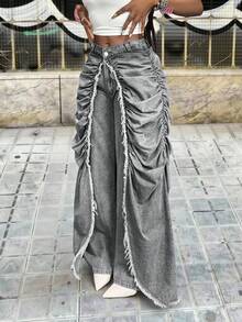 SHEIN Slayr 女士时尚褶皱流苏下摆牛仔裤，休闲街头风 - 黑色 - 查看 3