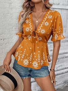 Hotletica Áo kiểu nữ phong cách Bohemian, thêu họa tiết, buộc dây, xếp nếp, thích hợp cho kỳ nghỉ. - trái cam - Xem 3