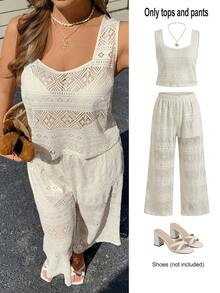 Lounesse Conjunto de 2 piezas para mujer talla grande con diseño de cuello cuadrado, calado y tela jacquard, para uso casual y de vacaciones - Beis - Ver 8