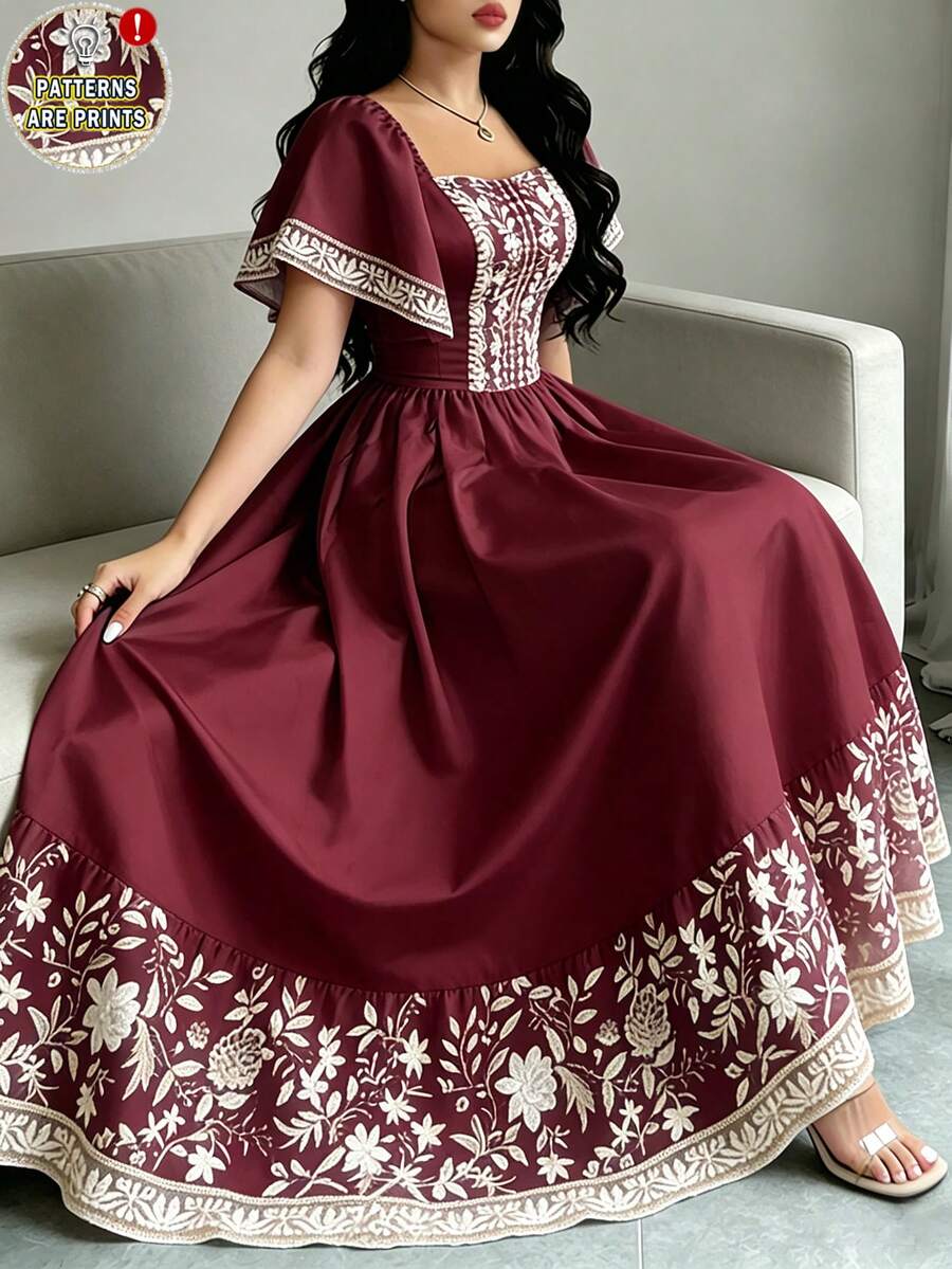 Modelyn 印花时尚方领短袖连衣裙，收腰中长裙，酒红色印花连衣裙 - 彩色 - 查看 1