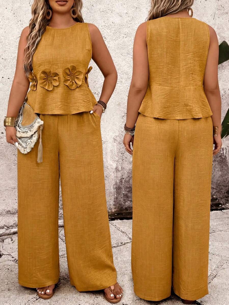 Bộ đồ 2 món cỡ lớn: Áo croptop không tay cổ tròn họa tiết hoa và quần ống rộng. - Màu vàng - Xem 1