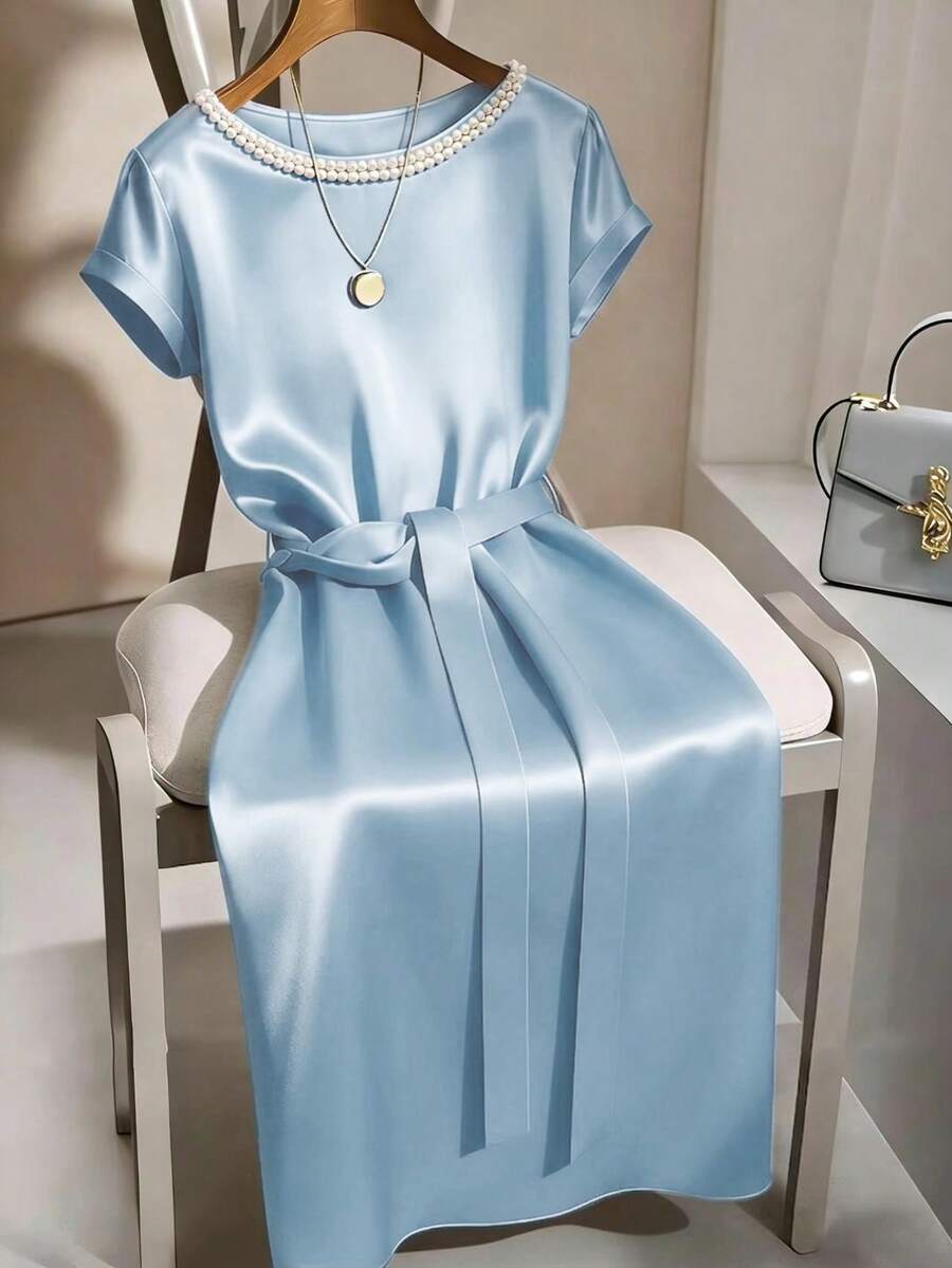 Qadelle Satin Shiny Pearl Decor Collar Short Sleeve Tie Waist Mid-Length Dress - Blue - View 1