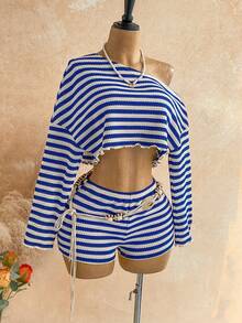 Soleia Conjunto de 2 piezas de mujer con mangas largas, cuello asimétrico y rayas sueltas, para el verano - Multicolor - Ver 4