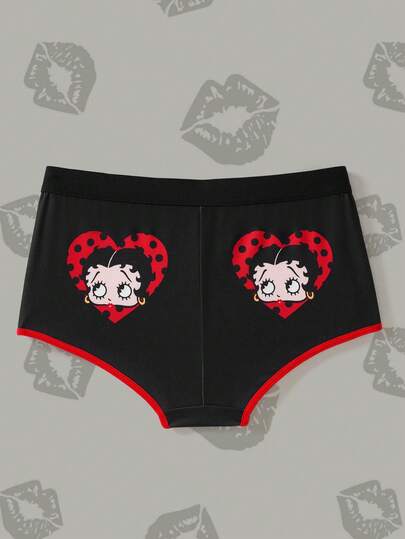 Betty Boop x SHEIN Women's Cartoon Character, Polka Dot, Heart Print Trim Comfortable Boyshorts