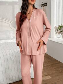 Moonlight&Mama Contrast Color V-Neck Cardigan, Letter Embroidery Long Sleeve & Pants Maternity Lounge Set - Dusty Pink - View 4