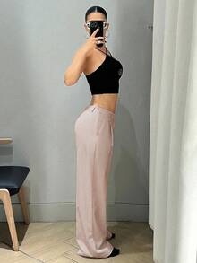 SHEIN ICON 女士Y2K低腰宽松阔腿及地长裤灰色竖条纹裤 - 棕色 - 查看 4