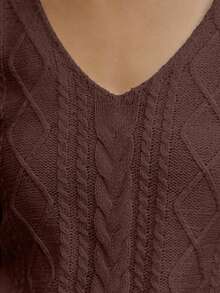 SHEIN Blusa de punto ajustada con cuello en V y manga corta, color albaricoque, con detalle de trenzado, uso diario minimalista - Marrón - Ver 4