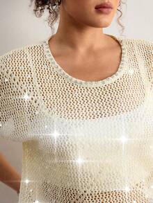 Freevana 大码女式夏季沙滩度假纯色亮片水钻装饰透视开襟针织上衣 - 杏色 - 查看 6