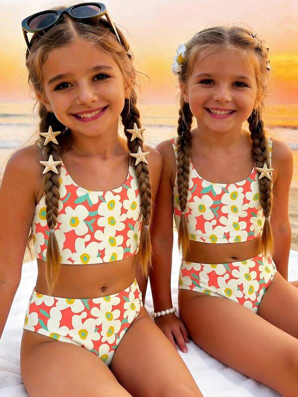 SHEIN Retro Dopamine Cute Floral Print Pattern, Graffiti Style Flowers, Girly, Chill Chill, Y2K, Kawaii, Party, Young Girls Casual Minimalist Camisole And Bikini Bottoms Swimsuit Set, Suitable For Summer Beach Vacation Photo Shoot Matching, Summer Vacation, Aesthetic Swimsuit, Cottagecore, Beachwear