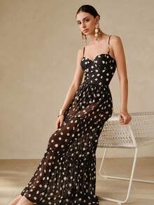 Swim Oasis 全新性感紧身黑白波尔卡圆点印花细肩带聚拢钢圈连体衣，度假海滩短款上衣和短裙两件套 - 黑與白 - 查看 5