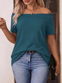 EMERY ROSE New Vintage Blue Casual One-Shoulder Short Sleeve Plus Size T-Shirt - Blue - View 1