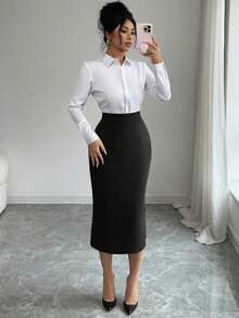 Elenzga Falda plisada elegante y ajustada para mujer de talla grande, primavera/verano - Negro - Ver 4