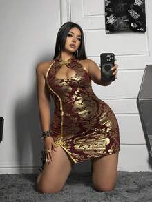 Whyspr Plus Size Solid Color Foil Print Knit Qipao Dress - Multicolor - View 4