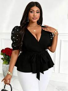 Villa Velisse 大码纯色泡泡袖系带蝴蝶结腰身休闲优雅女式衬衫，春夏款 - 黑色 - 查看 8