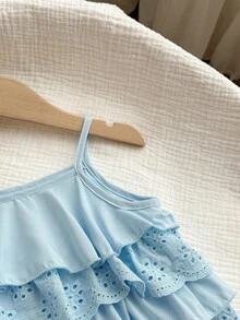 SHEIN 女宝宝可爱甜美百搭荷叶边吊带背心 - 淺藍色 - 查看 5