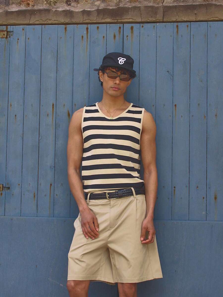 Musero Oversized Contrast Panel Stripe Tank Top Low Cut Crew Neck Vest Spring Summer Essentials Holiday - Multicolor - View 1