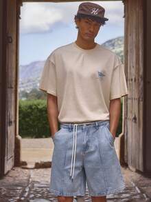Musero Long Line Seam Front Detailing Button Fastening Belt Loops Denim Shorts Shoe Lace Belt Jorts Spring Summer Essentials Holiday - Light Wash - View 1
