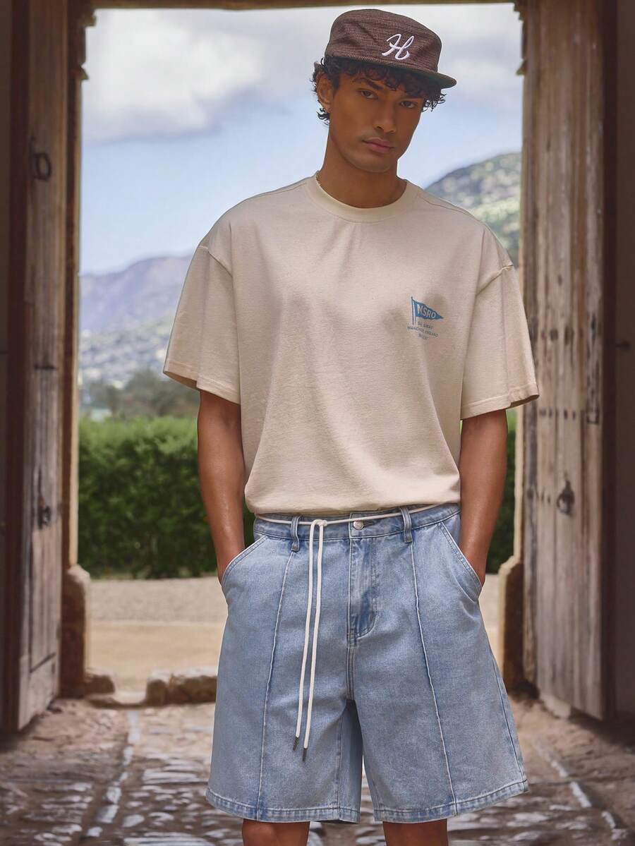 Musero Long Line Seam Front Detailing Button Fastening Belt Loops Denim Shorts Shoe Lace Belt Jorts Spring Summer Essentials Holiday - Light Wash - View 1