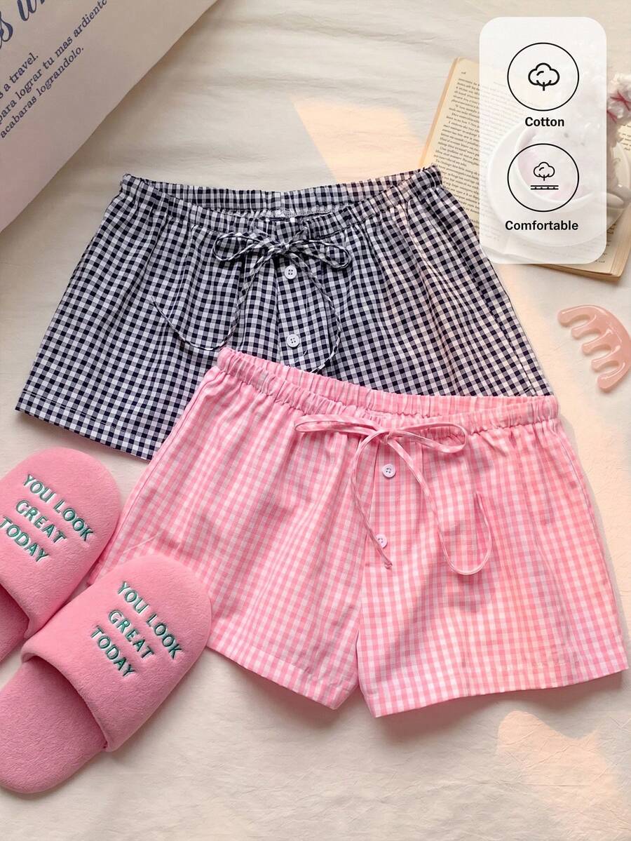 CovetEZ Bộ 2 quần short nữ kẻ caro màu sắc tươi sáng, kiểu dáng thường ngày, gồm quần short kẻ caro màu hồng Macaron và màu xanh Sapphire, chất liệu vải lanh, thích hợp mặc ở nhà và đi nghỉ mát mùa hè. - Nhiều màu - Xem 1
