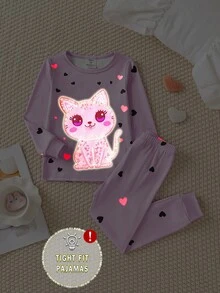 SHEIN 两件套女童可爱猫咪爱心夜光印花紧身睡衣套装，长袖上衣和裤子 - 彩色 - 查看 7