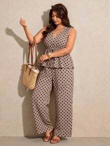 Elaquor Bộ đồ đôi cỡ lớn kiểu dáng thường ngày, họa tiết chấm bi, dáng chữ A, xếp ly và quần ống đứng, thích hợp cho kỳ nghỉ hè. - Nhiều màu - Xem 4