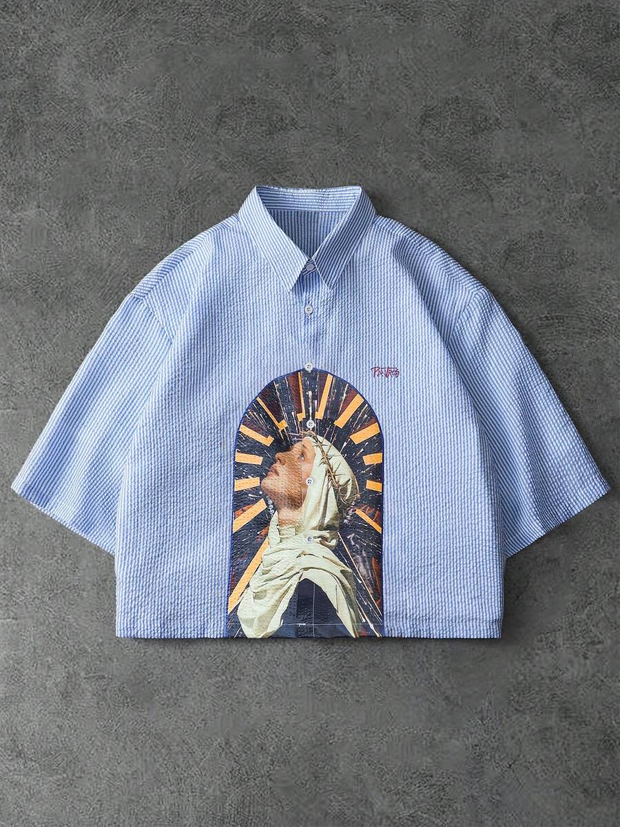 Manfinity EMRG 男士短袖衬衫,宗教图案,适合街头时尚年轻男士,送给兄弟和朋友的绝佳礼物 - 藍色 - 查看 1