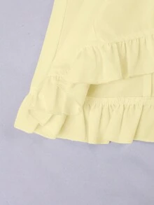 SHEIN Sweetro Áo sơ mi trắng tay ngắn cổ Peter Pan cỡ lớn, cài cúc phía trước, họa tiết dâu tây, viền bèo nhún, phong cách tối giản ngọt ngào, giúp tôn dáng. - Màu vàng ngỗng - Xem 3