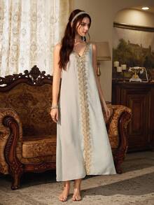 PalaceNights Solid Color Patchwork Floral Trim Long Sleeve Long Robe + Sleeveless V-Neck Cardigan Women Pajama Set - Mint Green - View 4