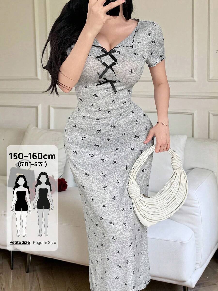 Feyla Petite 女士蝴蝶结印花褶皱优雅收腰中长连衣裙，适合派对和各种场合 - 灰色 - 查看 1