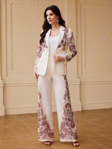 ZEYLAH 亚麻极简印花直筒阔腿裤，春夏款 - 杏色 - 查看 6