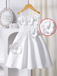 Vestido sin mangas con tirantes, blanco, dulce y elegante para niñas, con decoración de flores 3D y perlas, cintura ceñida, para fiesta de cumpleaños, para primavera/verano - Blanco - Ver 8