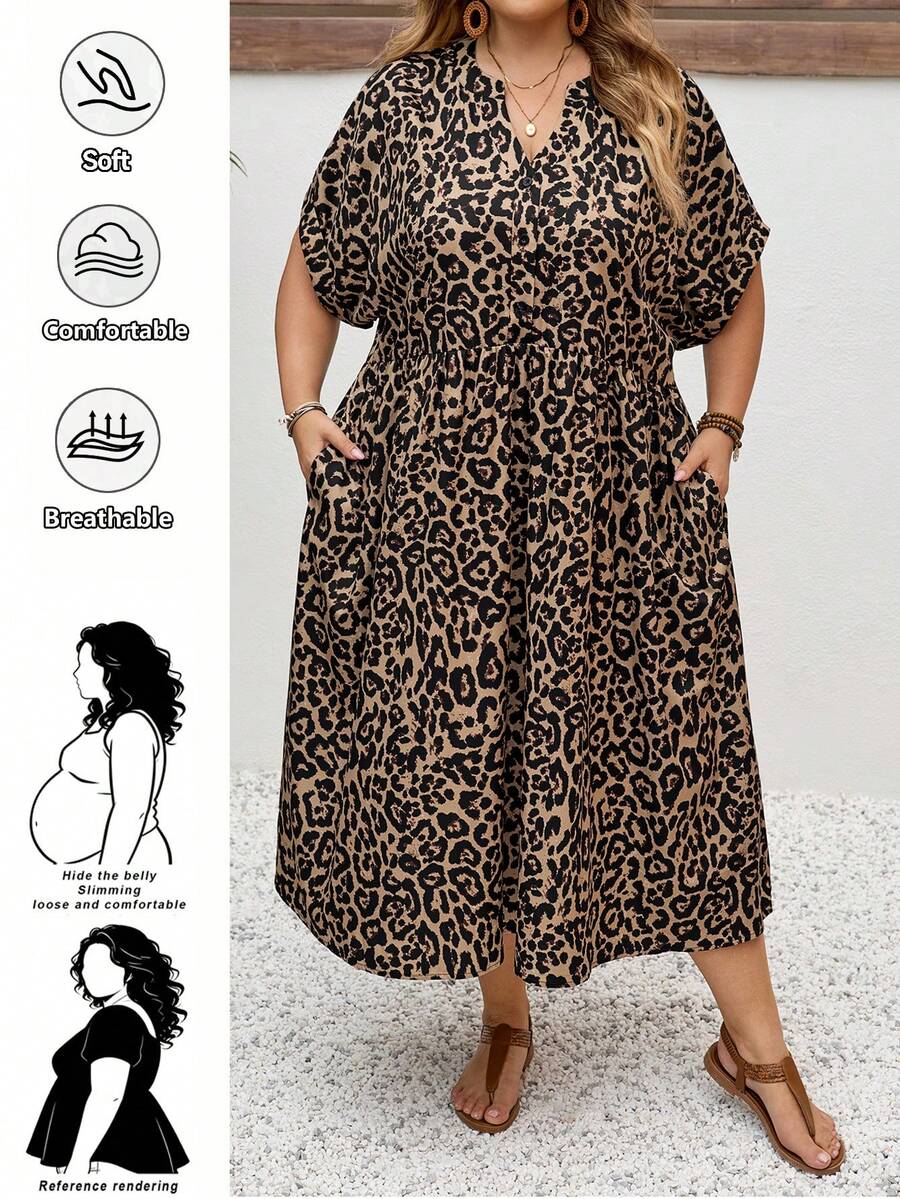 SHEIN CURVE+ 大码女式婴儿连衣裙、宽松连衣裙、夏季短袖连衣裙、宽松舒适的大码服装、印花连衣裙、度假连衣裙、女士休闲连衣裙、返校节连衣裙、女士教堂连衣裙、女士休闲连衣裙、教师服装、大码泡泡裙、秋季女装、工作连衣裙、外出连衣裙、休闲连衣裙 - 棕色 - 查看 1