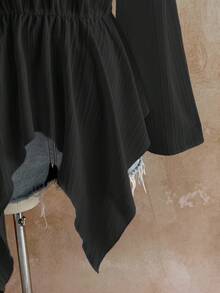Soleia Ropa de vuelta al colegio y vacaciones para mujer talla grande, blusa de manga larga con cuello en V, textura blanca y volantes en el bajo - Negro - Ver 7