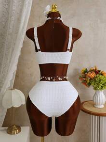 Swim Vcay Bộ đồ bơi nữ màu trắng ren, kiểu dáng chéo phía trước, cạp cao, thích hợp cho mùa hè. - trắng - Xem 2